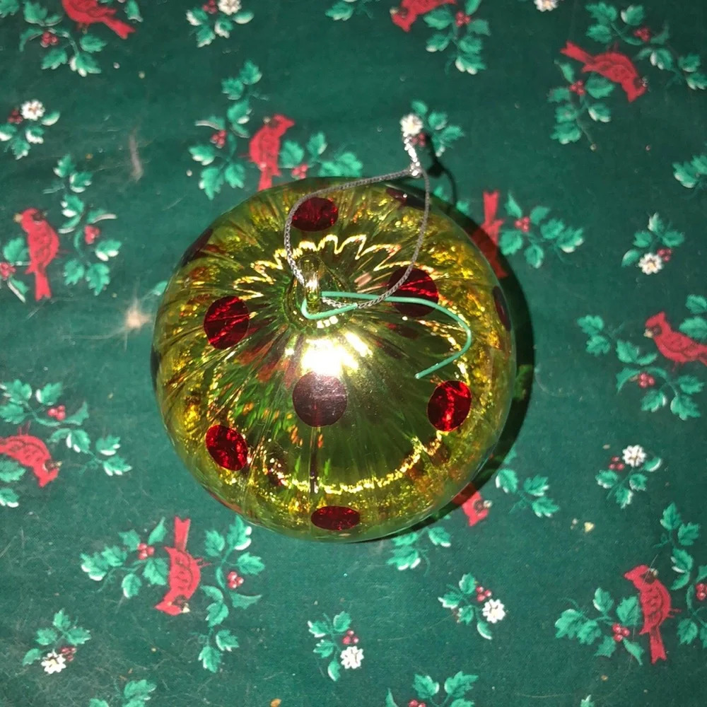 Yellow glass red polka dot ornament